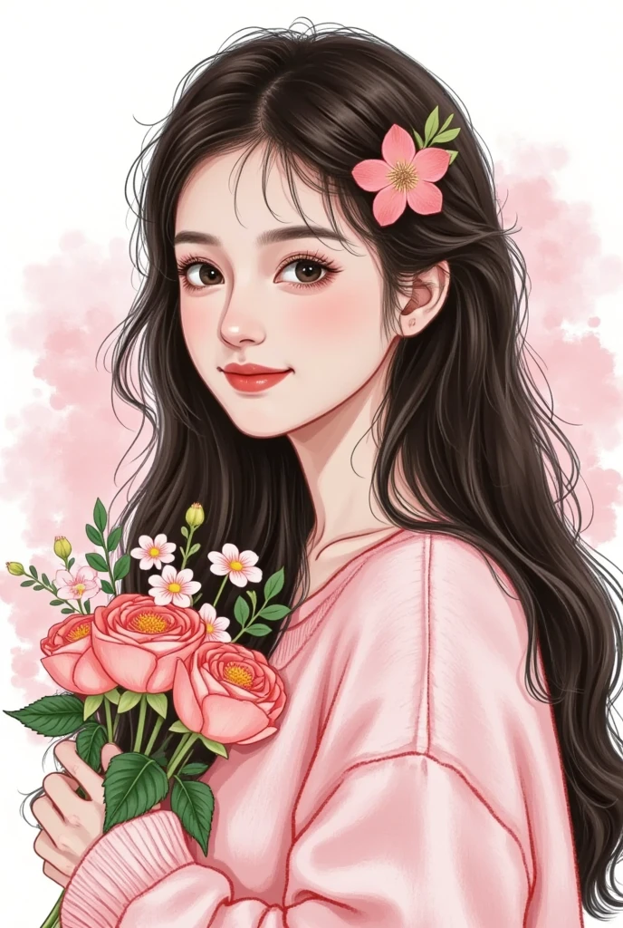   beautiful painting style  , 可爱的数字艺术,   high quality color sketch ：Beautiful girl portrait， long fluffy hair，Holding flowers，ink smudged background 