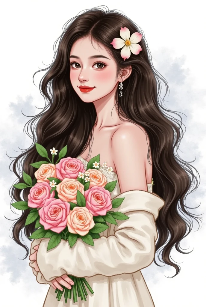   beautiful painting style  , 可爱的数字艺术,   high quality color sketch ：Beautiful girl portrait， long fluffy hair，Holding flowers，ink smudged background 