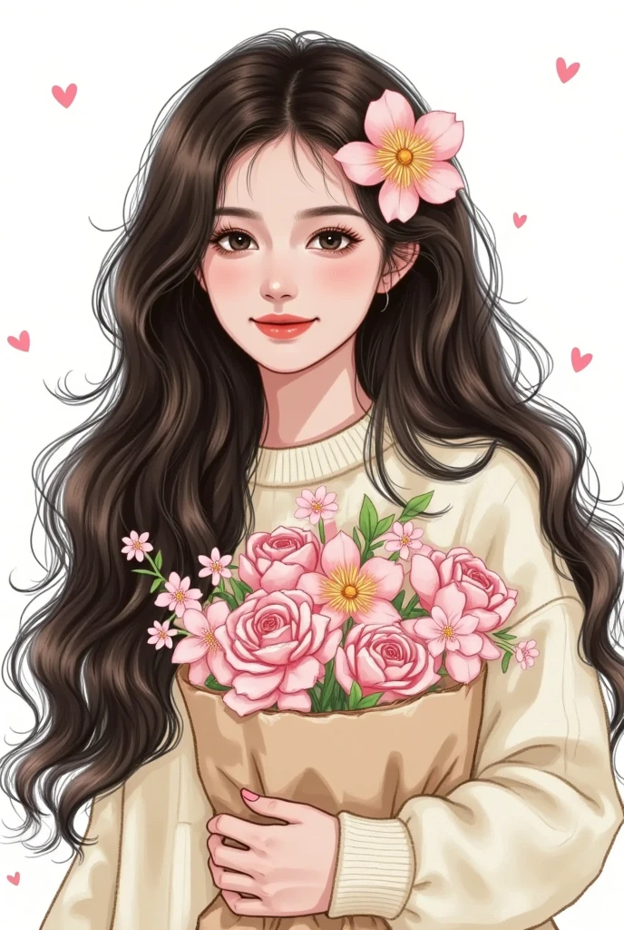   beautiful painting style  , 可爱的数字艺术,   high quality color sketch ：Beautiful girl portrait， long fluffy hair，Holding flowers，ink smudged background 