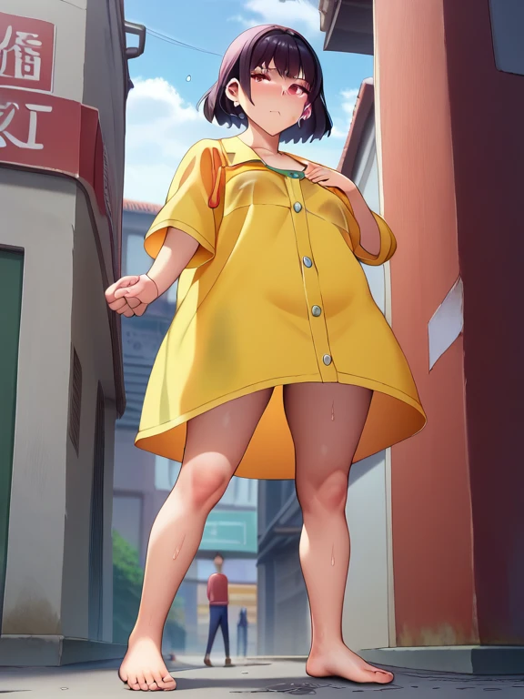 score_9, score_8_ up, score_7_ up, score_6_ up, score_5_ up, score_4_ up,  source_Anime, tag1,  tag2, nsfw， uncensored，quality_masterpiece,  anatomically correct,  1 girl，chubby adult girl， beautiful eyes, red eyes,  short bob haircut  , (red_red hair) , (Big Breasted )， Big Swollen Areolas ， wet,  dirty feet , (()), ( embarrassing),(Appearance)， naked in a raincoat , street destroyed in the background , wilderness ,((run:1.1)),(((My chest bounces in a 々 direction :1.3))), (scream), (( fast dynamic frame )) , ((whole body)), ( my whole skin has a dirty color ) ,full length)), ((( I'm wearing a yellow raincoat:1.3))) ,  crying， ultra detail，Estrus season，Shake your butt with lust :1.2， droopy love juice ，Moles on Labia ，From below，