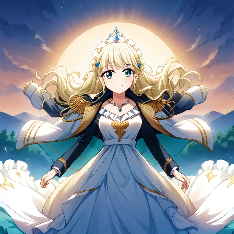 score_9, score_8_consolation, score_7_consolation, score_6_consolation, 1 woman, Shiori ,  blond hair , Long hair , shoulder jacket, Epolite , headdress,  cool wind ,  princess dress , long dress, seafront, sunset,  light smile  , necklace
