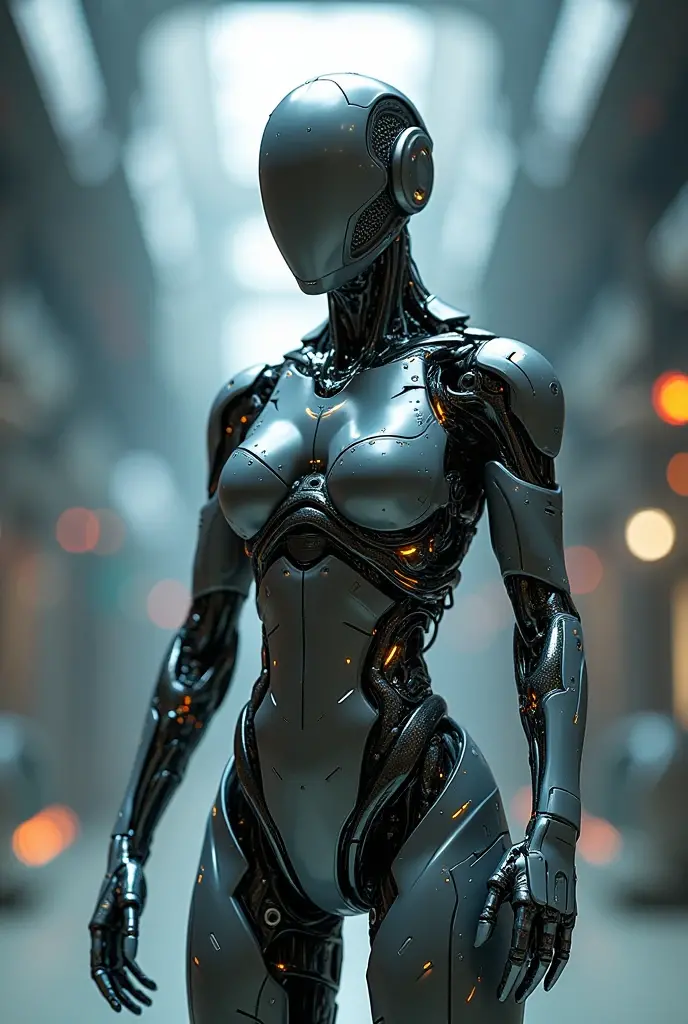 Top Quality, Masterpiece, Ultra High Resolution, ((Photorealistic: 1.4), Raw Photo, 1 cyberpunk android Girl, Glossy Skin, (Ultra Realistic Details)), mechanical limbs, tubes connected to the mechanical parts, mechanical vertebrae attached to the spine, mechanical cervical attachment to the neck, wires and cables connecting to the head, Evangelion, ((Ghost in the Shell)), small glowing LED lamps, global lighting, deep shadows, Octane Rendering, 8K, Ultra Sharp, Metal, Intricate Ornament Details, baroque details, Very intricate details, realistic light, CGSoation trend, facing the camera, neon details, (android manufactory in background), art by H.R. Giger and Alphonse Mucha.