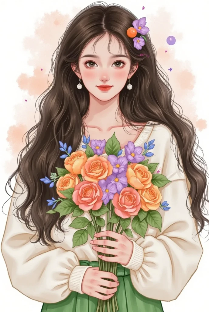   beautiful painting style  , 可爱的数字艺术,   High Quality Color Sketch  ：Beautiful girl portrait， long fluffy hair，Holding flowers，ink smudged background 