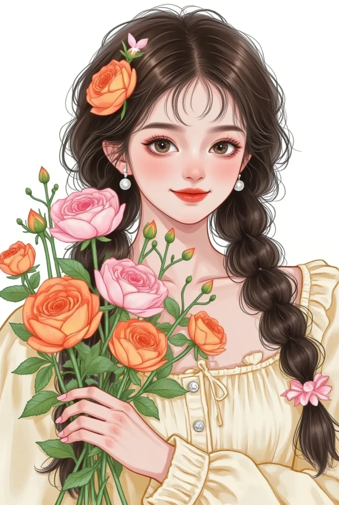   beautiful painting style  , 可爱的数字艺术,   High Quality Color Sketch  ：Beautiful girl portrait， long fluffy hair，Holding flowers，ink smudged background 