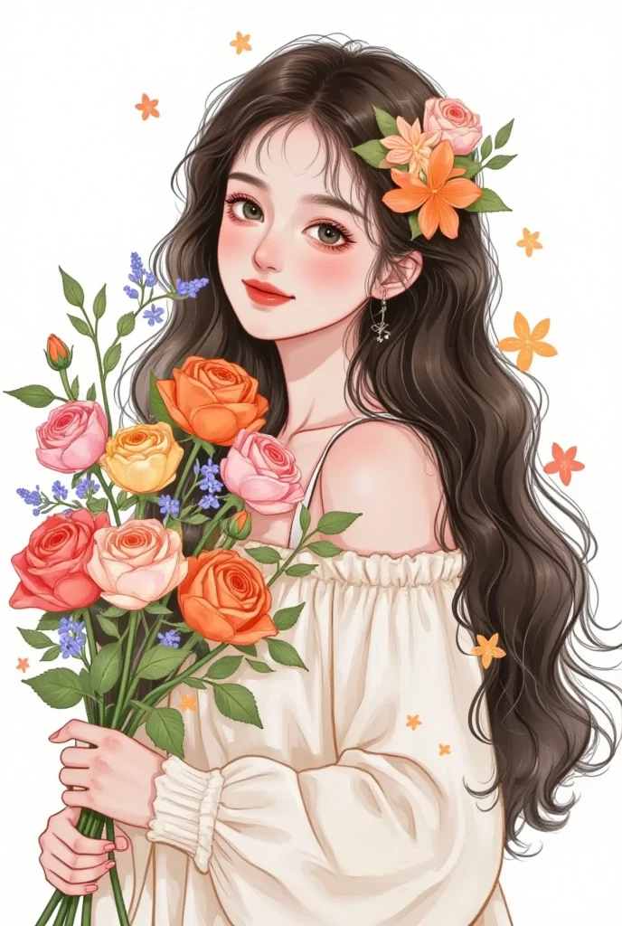   beautiful painting style  , 可爱的数字艺术,   High Quality Color Sketch  ：Beautiful girl portrait， long fluffy hair，Holding flowers，ink smudged background 