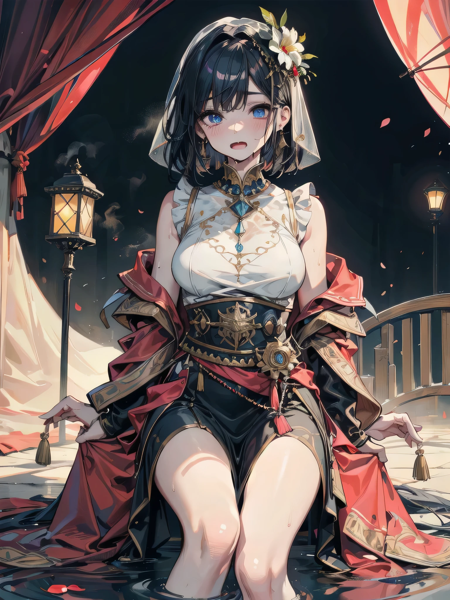 absurdres, RAW photo, extremely delicate and beautiful, masterpiece, Best Quality, ultra high resolution, 32k, hyperrealistic, ultra-detailed, delicate facial features, beautiful detailed woman, tearful mole, earring, medium breasts, full body shot, medium hair, black hair, pirate captain, intricate pirate clothing,