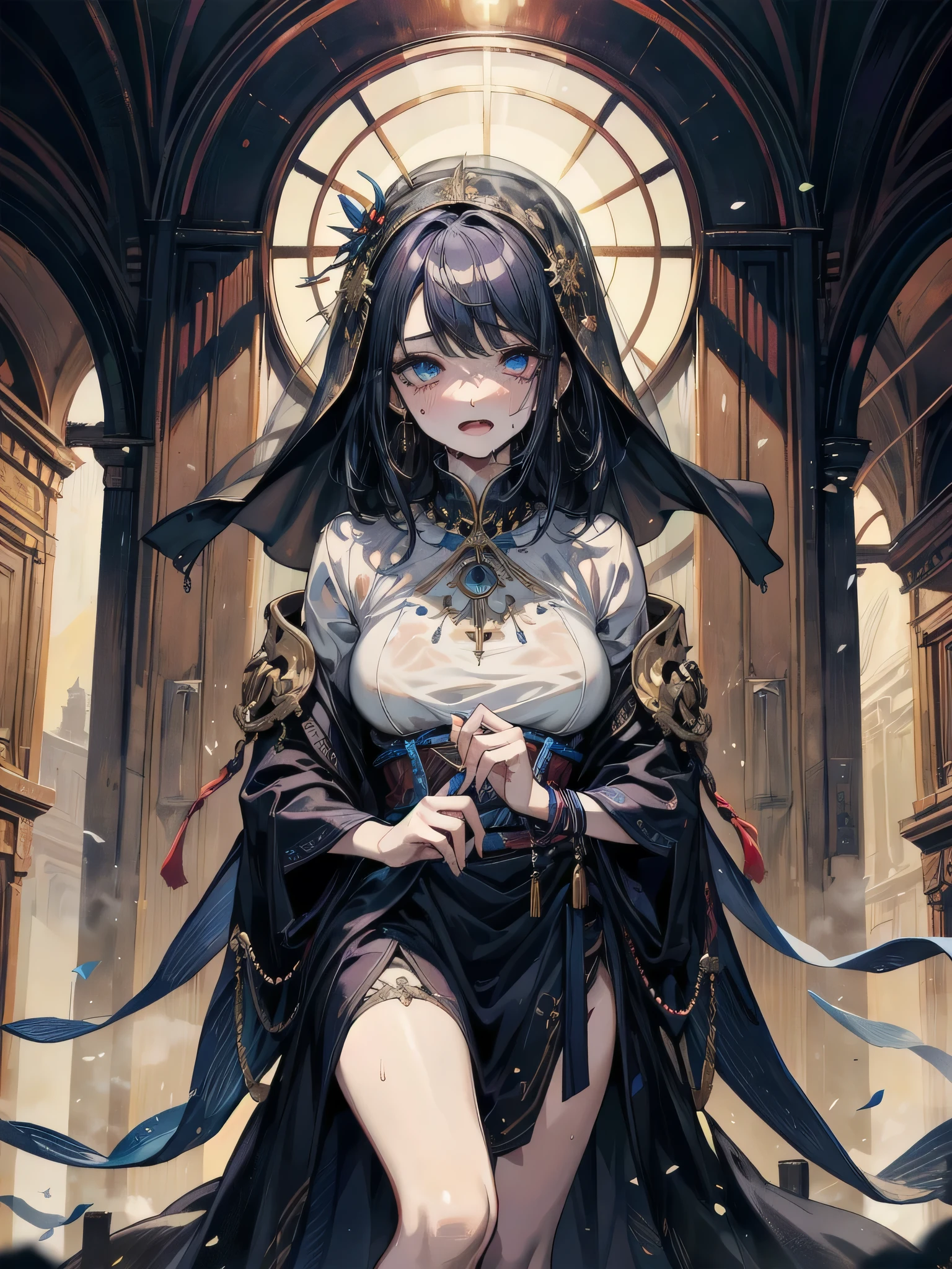 whole body, fortune teller robes, girl in gipsy tent, skirt, face veil, robe, cloak, absurdres, RAW photo, extremely delicate and beautiful, masterpiece, Best Quality, ultra high resolution, 32k, hyperrealistic, ultra-detailed, perfect figure, perfect shape, detailed v, pale skin, 20 years old, detailed beautiful face and eyes, tearful mole, earring, short medium hair, wavy hair, black hair,