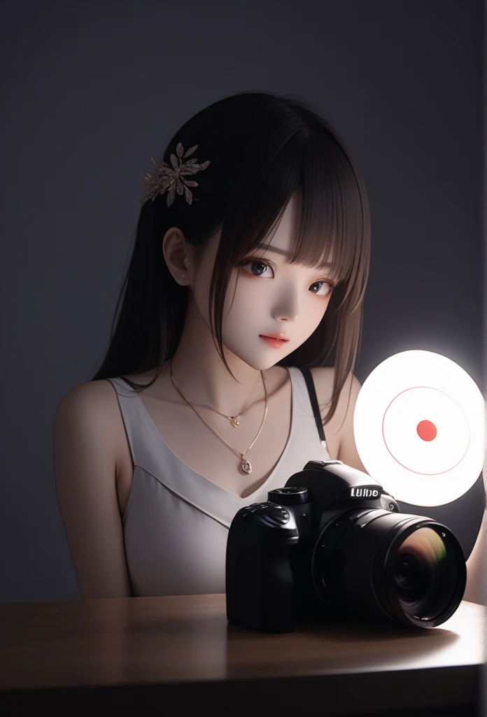  best quality,  masterpiece, High target_, 1 Girl, Hair accessories,  necklace, jewelry,  beautiful face, on the body,  Tyndell effect, photo写实,  dark studio ,  Hub lighting , Two-color lighting, (High target detailed skin:1.2), 8K uhd,  digital SLR camera ,  Soft Lighting , High target quality, Volumetric Lighting, reality,  photo , High target olution, 4K, 8K, Bokeh,  medium breasts, Open your fingers,