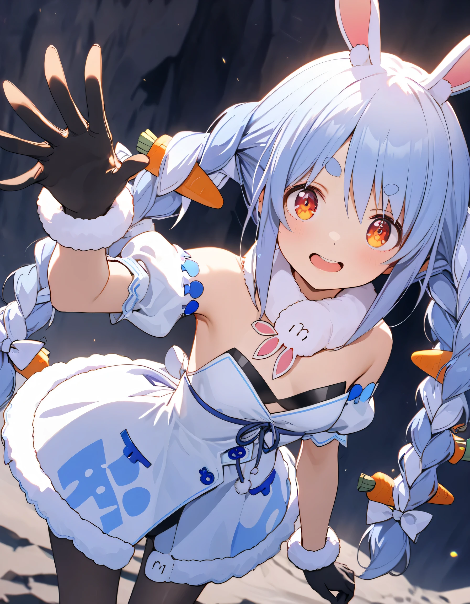 ((Usada pekora)), (((Masterpiece)), ((best quality)), ((wide shot)), (super detail:1.2), (High Definition:1.3), (8K), (very aesthetic:1.2), (absurdres:1.2), Textured skin, cinematic lighting, (1girl), (Cute beautiful Girl), beautiful eyes, ((looking to the side)), (put on bunny ears), Pale blue hair, braids hair, (Open mouth wide), Slender body, small breasts, Glossy lips, Beautiful small breasts, (Waving hand), (On the precipitous cliff), (very smug), (cute cheeks), glossy lips, pouty lips, bags under the eyes, (lower eyelashes), (detailed background:1.2), UsadaPekora, orange eyes, thick eyebrows, rabbit ears, two-tone hair, blue hair, white hair, long hair, twin braids, fur collar, white dress, fur-trimmed dress, bare shoulders, black leotard, strapless, detached sleeves, puffy short sleeves, black gloves, black pantyhose
