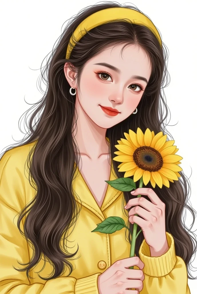   beautiful painting style  , 可爱的数字艺术,   High Quality Color Sketch  ：Beautiful girl portrait， long fluffy hair，Hold a sunflower flower in your hand，ink smudged background 