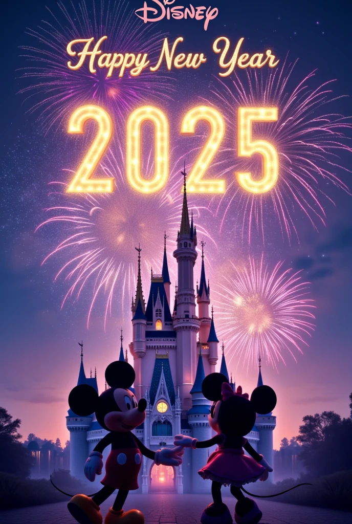 Please create a poster . Big glowing letters floating in the sky  "2025". Arch on the top of the poster "HAPPY NEW YEAR" large letters.  Gorgeous and Colourful Fireworks Celebrating the New Year at Cinderella Castle. Mickey and Minnie's Silhouettes . 