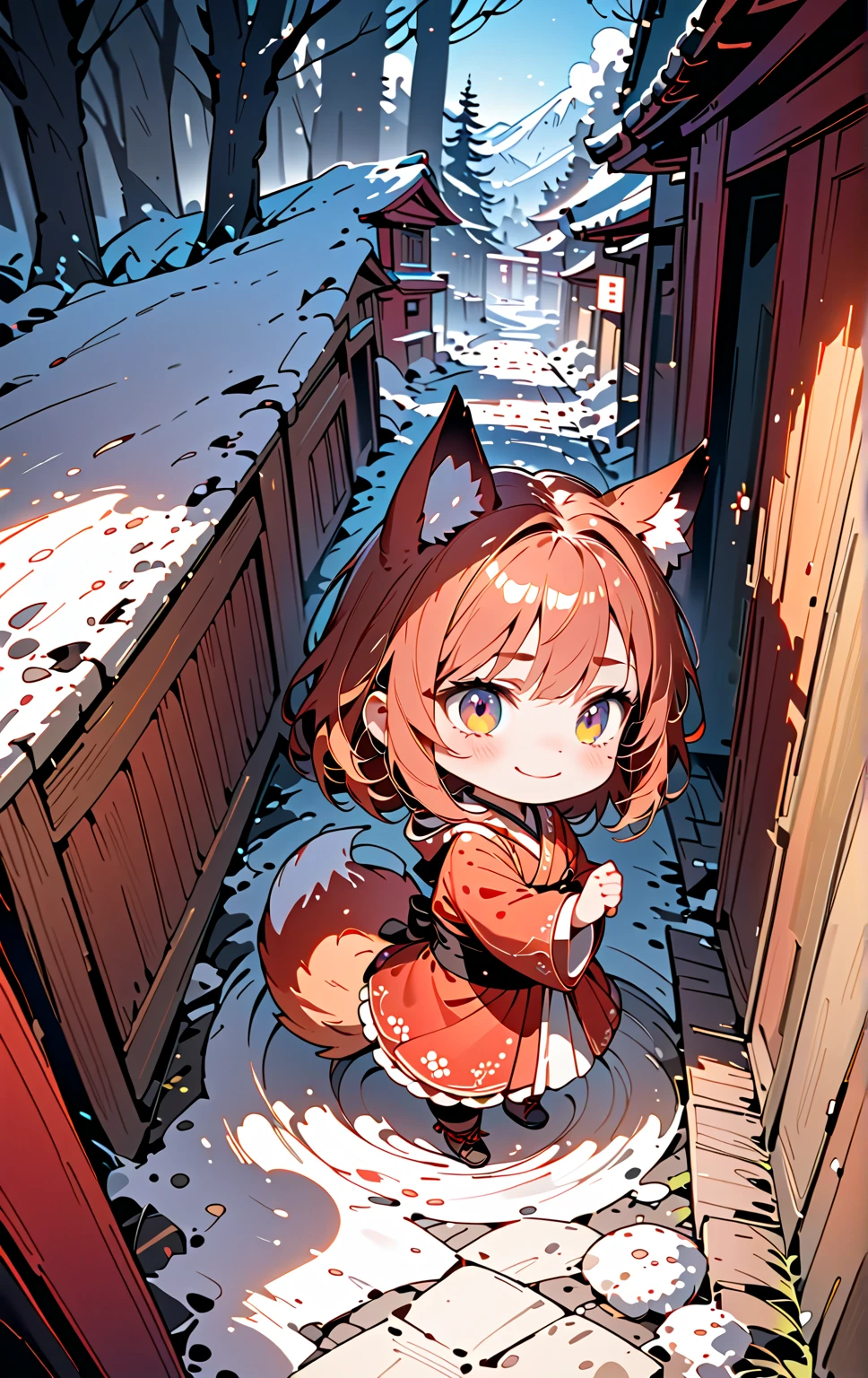 solo, 1girl\((chibi:1.3),small,cute,kawaii, (red fox ear),(red fox tail),red hair, (play around:1.5), cute, happy, smile, beautiful red kimono, from side, looking away,cute eye,big eye, cat-eye\), snowy Winter ,red shrine gate torii, landscape, dramatic scene ,sunrise,. BREAK .quality\(8k,wallpaper of extremely detailed CG unit, high resolution, top-quality, top-quality real texture skin, hyper realistic, increase the resolution, RAW photos, best quality, highly detailed, the wallpaper, golden ratio, high saturation realism, vibrant colors, dramatic lighting, persuasive storytelling, atmospheric scenery, captivating visuals, intricate details, strong emotions, dreamlike world\),from above