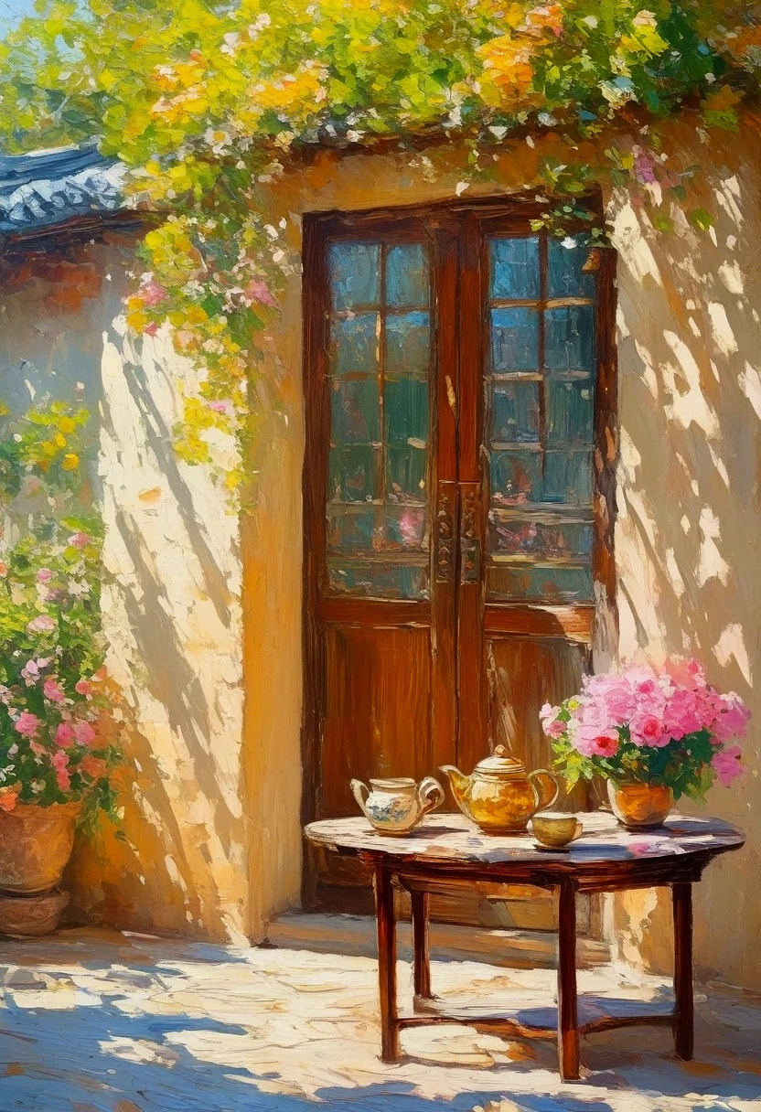 High saturation，Oil painting texture ，Light and Shadow， rough brushstrokes and textures： Chinese carved wooden door ， with stained glass windows , round coffee table ,teapot,A few , very beautiful China ,Hot, flowers blooming outside the courtyard ,( rose climbing from the eaves:1.4), hanging on both sides of the door ,Afternoon sunshine ,柔和的Light and Shadow,Point of Light,professional pHotography,Zen composition, taken indoors ,Depth of Field,
 masterpiece, best quality, high detail, an ultra-detailed painting ,  Sharp Focus , physically-based rendering , detailed description extremely clear ,major, Ultra HD,8K, author Alson Skinner Clark ,油画和水彩画,