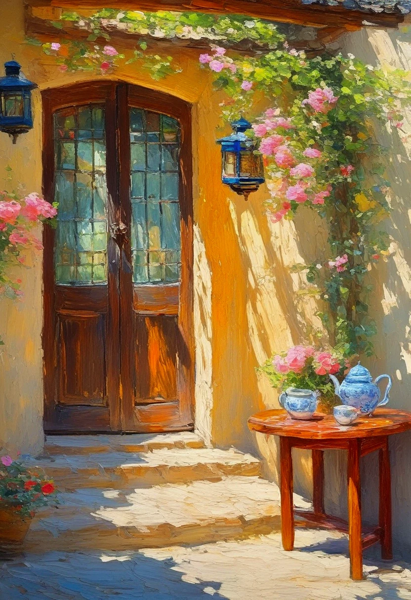 High saturation，Oil painting texture ，Light and Shadow， rough brushstrokes and textures： Chinese carved wooden door ， with stained glass windows , round coffee table ,teapot,A few , very beautiful China ,Hot, flowers blooming outside the courtyard ,( rose climbing from the eaves:1.4), hanging on both sides of the door ,Afternoon sunshine ,柔和的Light and Shadow,Point of Light,professional pHotography,Zen composition, taken indoors ,Depth of Field,
 masterpiece, best quality, high detail, an ultra-detailed painting ,  Sharp Focus , physically-based rendering , detailed description extremely clear ,major, Ultra HD,8K, author Alson Skinner Clark ,油画和水彩画,