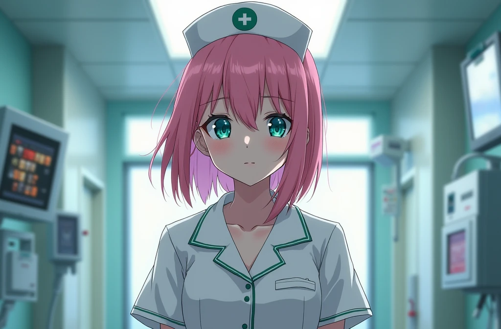 1girl, solo, nurse, white nurse cap, white nurse uniform, ((white legwear, zettai ryouiki)), white gloves, pink hair, green eyes, drooping eyes, smile, standing, ((hospital room)), sharp outline, short sleeves, best quality, masterpiece