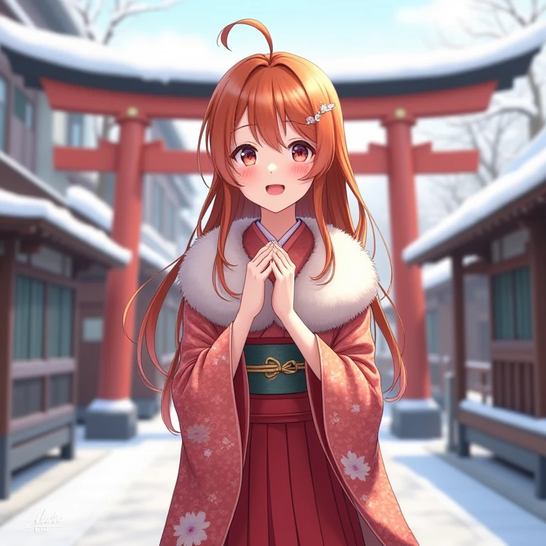 Springfield ,kimono,brown orange hair, (masterpiece,best quality,ultra detailed,hyper detailed,exquisite,beautiful:1.4),(art CG, 8K),1girl solo,KonishiCSA ,smile,(blush:1.4),(standing:1.4),open mouth,from front, New Year shrine visit, traditional Japanese temple, torii gate covered in snow,