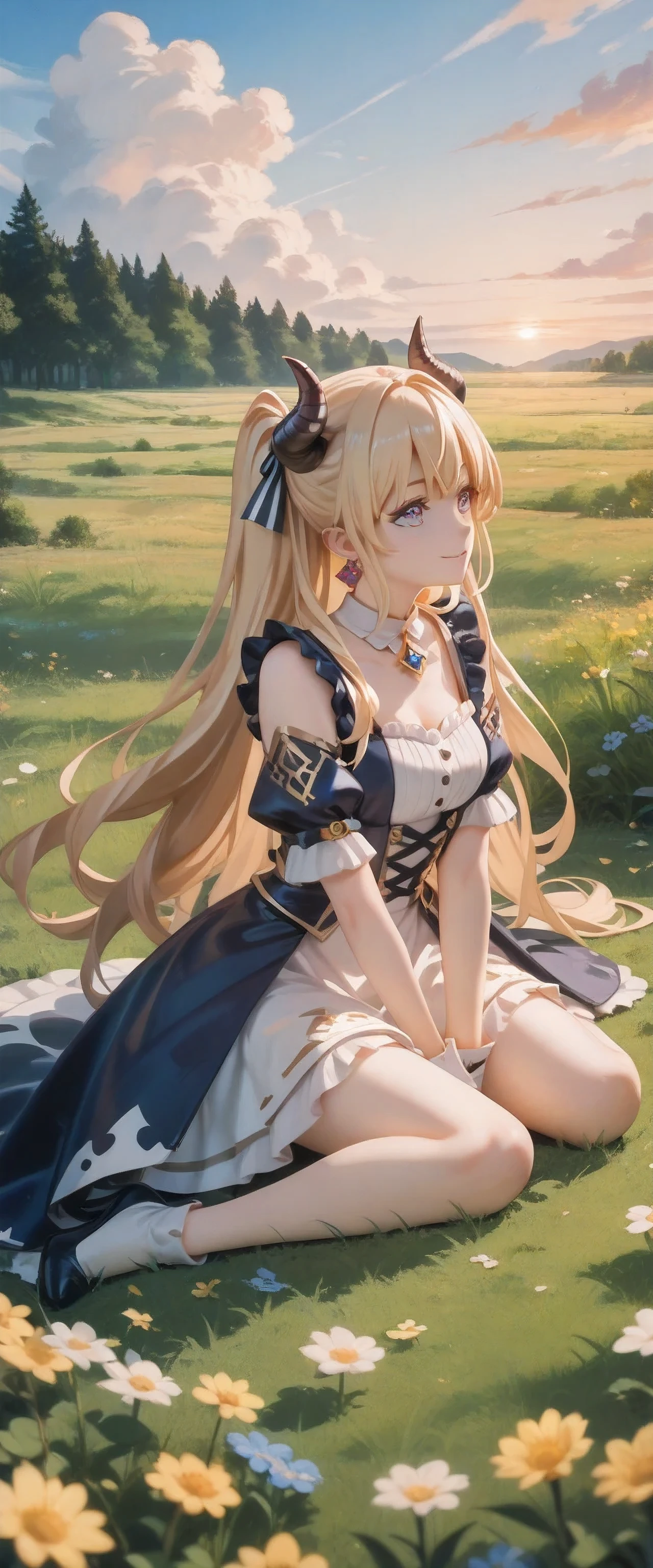 Eve Reese: Demon Queen Candidate | イヴ・リース (Redo of Healer), looking sunset, meadow, sitting on the grass 