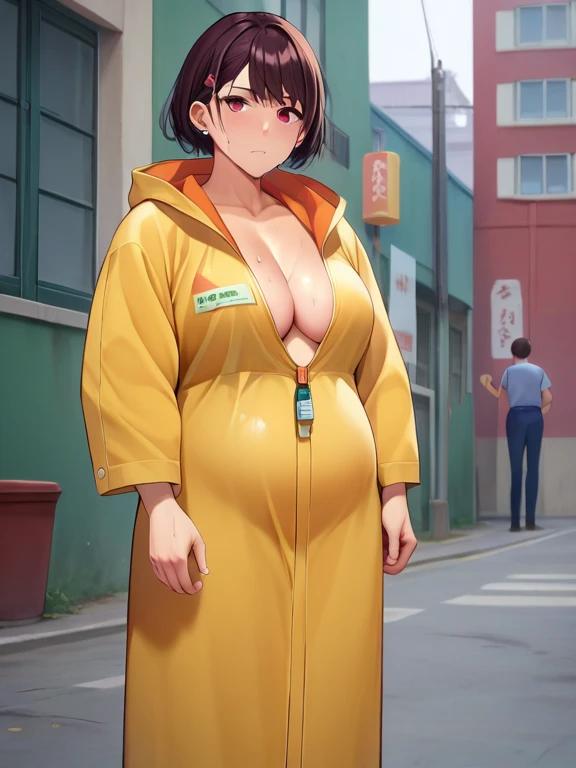 score_9, score_8_ up, score_7_ up, score_6_ up, score_5_ up, score_4_ up,  source_Anime, tag1,  tag2, nsfw， uncensored，quality_masterpiece,  anatomically correct,  1 girl，very chubby adult girl， beautiful eyes, red eyes,   short bob haircut  , (red_red hair) , (Big Breasted ),  wet,  dirty feet , (()), ( embarrassing),(Appearance)， naked in a raincoat , street destroyed in the background , wilderness ,((run:1.1)),(((My chest bounces in a 々 direction :1.3))), (scream), (( fast dynamic frame )) , ((whole body)), ( my whole skin has a dirty color ) ,full length)), ((( I'm wearing a yellow raincoat:1.3))) ,  crying 