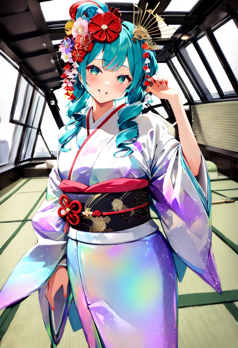 (hatsune miku:1.2), (iridescent glowing kimono, furisode:1.4), (kanzashi:1.4), (cowboy shot:1.4), (luxurious penthouse, indoor rooftop japanese-style room, tatami:1.4), 