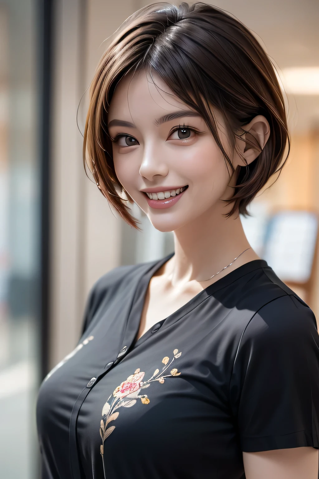 ((masterpiece )), (( Top Quality)), ((16k)), (( surreal)), (( realistic)), ( mature), (( No classes)), very detailed , ( 1 female ), Beautiful and exquisite, (Beautiful Teeth), grin, brunette pixie cut, brown eyes, ((Black shirt decorated with detailed patterns)), ( upper body), (( office)), perfect eyes, amazing eyes, look at the audience with your body facing the front