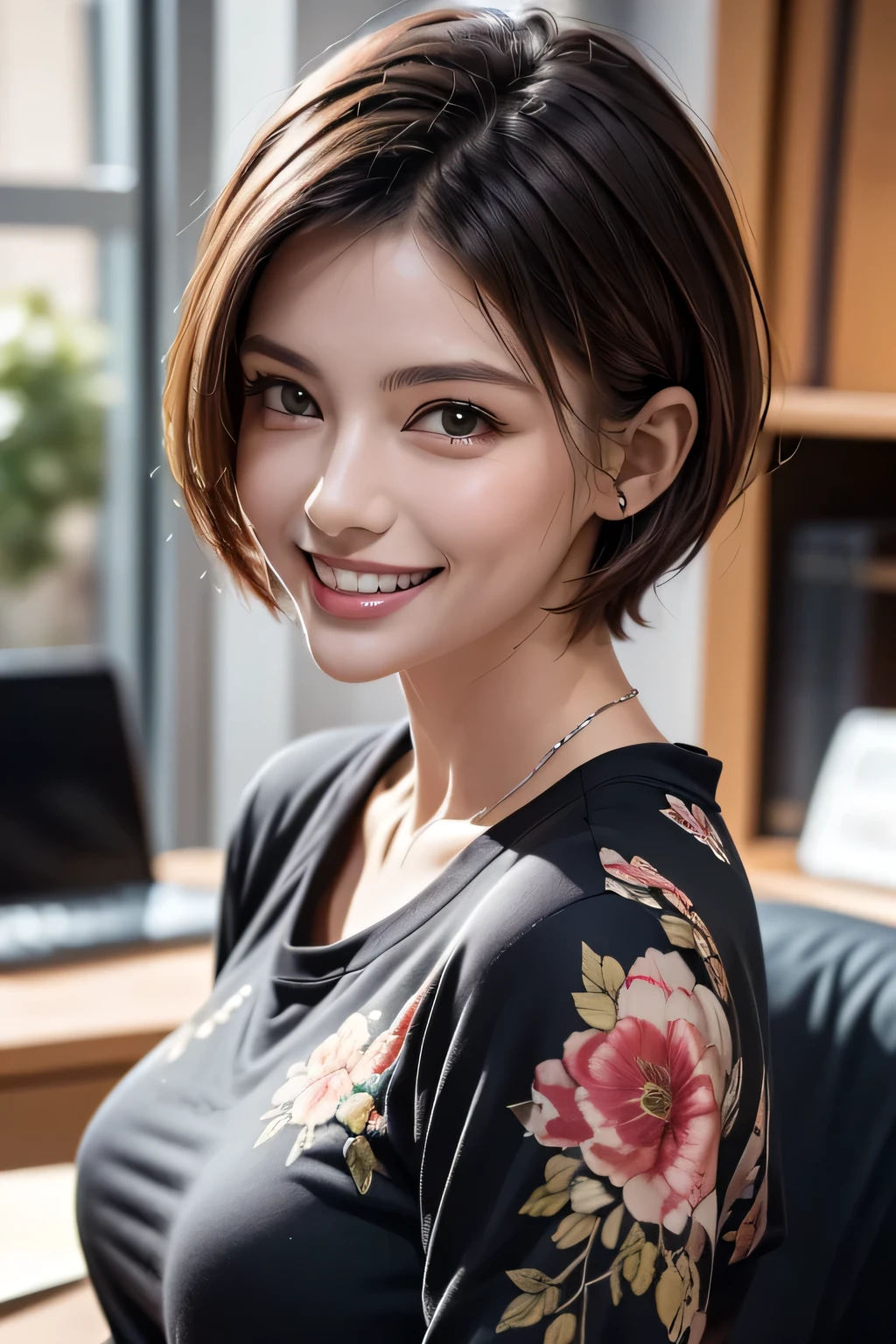 ((masterpiece )), (( Top Quality)), ((16k)), (( surreal)), (( realistic)), ( mature), (( No classes)), very detailed , ( 1 female ), Beautiful and exquisite, (Beautiful Teeth), grin, brunette pixie cut, brown eyes, ((Black shirt decorated with detailed patterns)), ( upper body), (( office)), perfect eyes, amazing eyes, look at the audience with your body facing the front