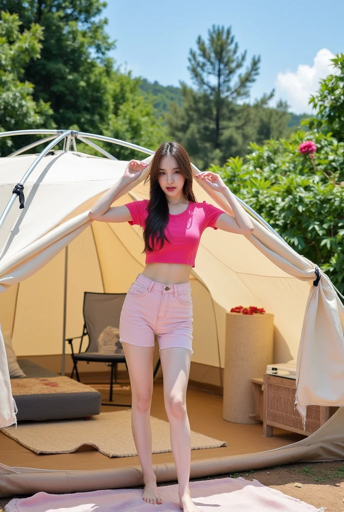 In the picture, a young woman is seen adjusting the fabric of a tent while wearing a stylish pink cropped top. The scene appears to be outdoors, possibly during a camping or glamping setup, with trees and blue sky visible in the background. There are camp furnishings like a chair and a small table nearby, contributing to a relaxed, outdoor atmosphere.