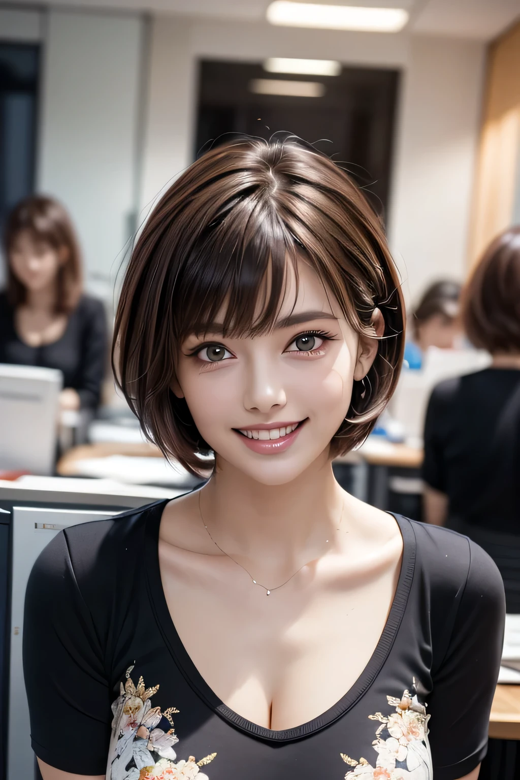 ((masterpiece )), (( Top Quality)), ((16k)), (( surreal)), (( realistic)), ( mature), (( No classes)), very detailed , ( 1 female ), Beautiful and exquisite, (Beautiful Teeth), grin, brunette pixie cut, brown eyes, ((Black shirt decorated with detailed patterns)), ( upper body), (( office)), perfect eyes, amazing eyes, look at the audience with your body facing the front
