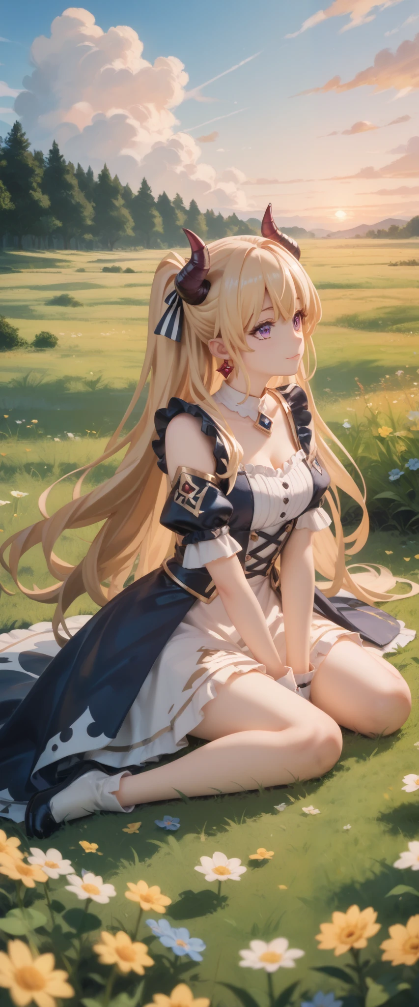 Eve Reese: Demon Queen Candidate | イヴ・リース (Redo of Healer), looking sunset, meadow, sitting on the grass 