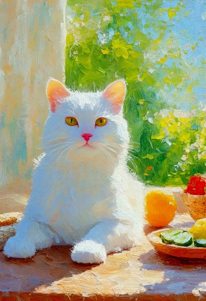 High saturation，Oil painting texture ，Light and Shadow， rough brushstrokes and textures：There was a white cat on the table。 粉彩风格绘画 , Summer Afternoon