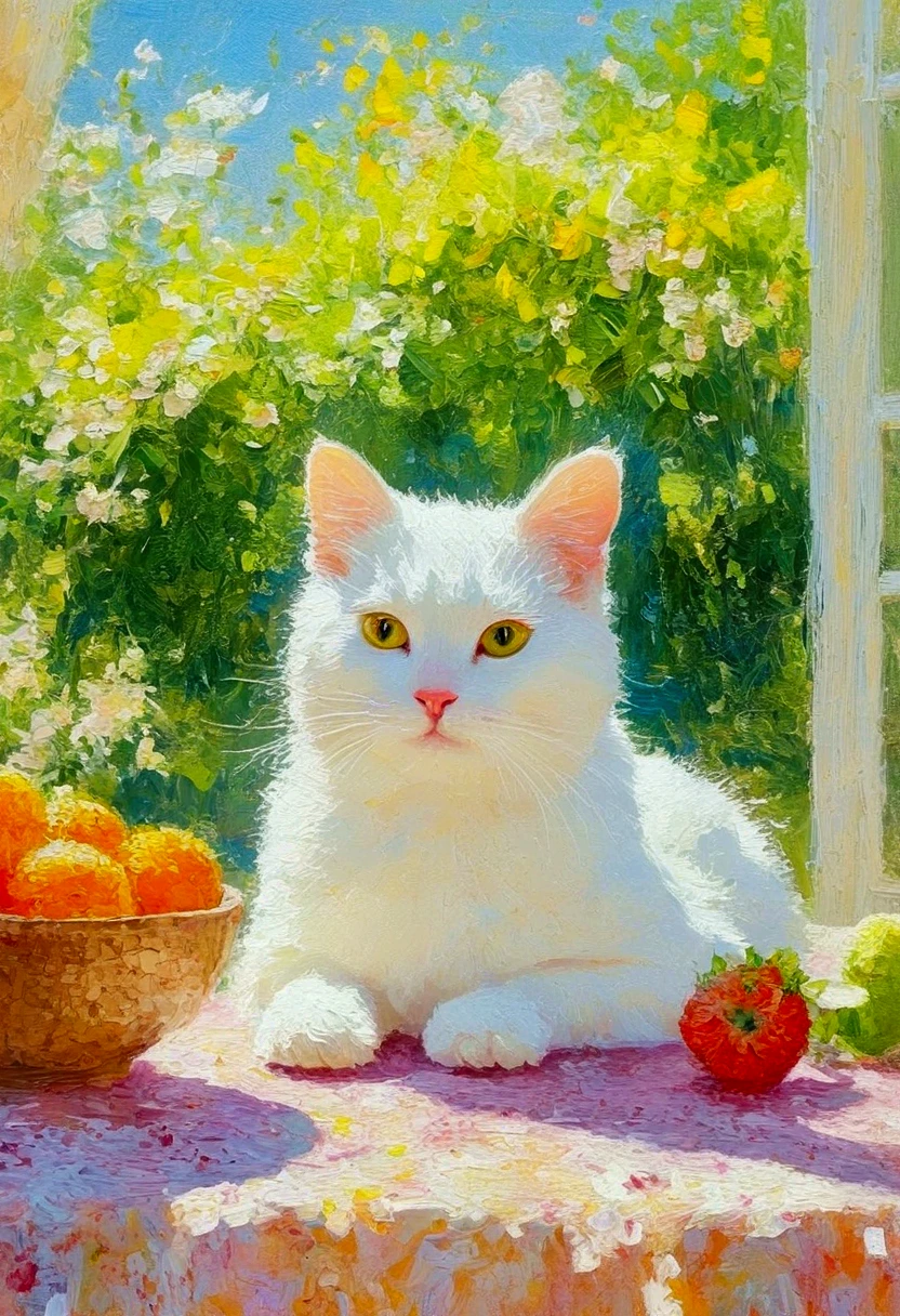 High saturation，Oil painting texture ，Light and Shadow， rough brushstrokes and textures：There was a white cat on the table。 粉彩风格绘画 , Summer Afternoon