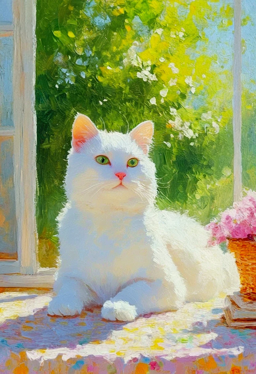 High saturation，Oil painting texture ，Light and Shadow， rough brushstrokes and textures：There was a white cat on the table。 粉彩风格绘画 , Summer Afternoon