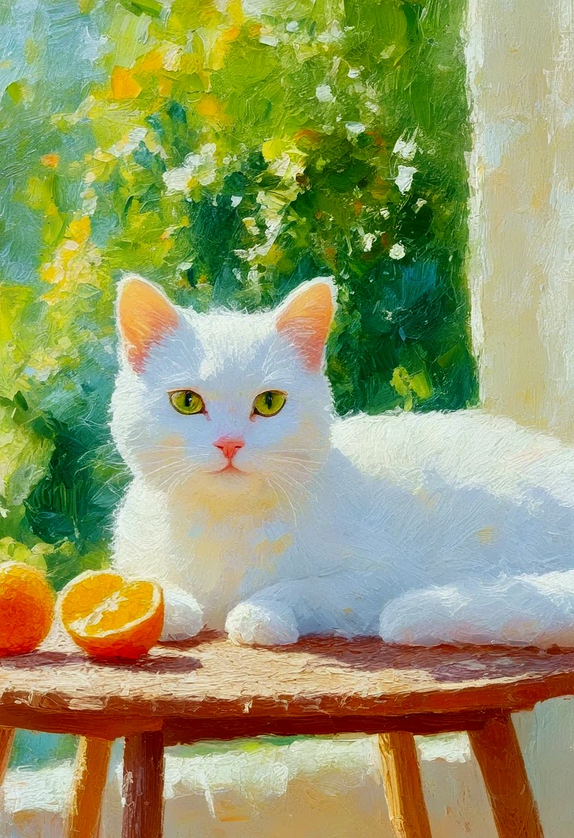 High saturation，Oil painting texture ，Light and Shadow， rough brushstrokes and textures：There was a white cat on the table。 粉彩风格绘画 , Summer Afternoon