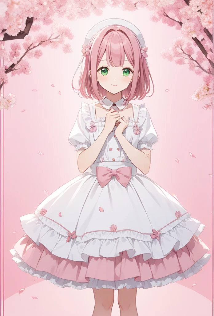 Pink-haired and green-eyed anime girl posing for a photo, Sakura Haruno,  best anime 4k konachan wallpaper,  Seductive Anime Girl , Marin Kitagawa Doujin Figure , Cherry blossom petals surround her ,  anime lolita style splash art, Anime style 4K,  Animated Cute Style ,  High quality anime art style ,  Detailed animated illustrations, Anime Wallpaper,  Best Anime Girl 