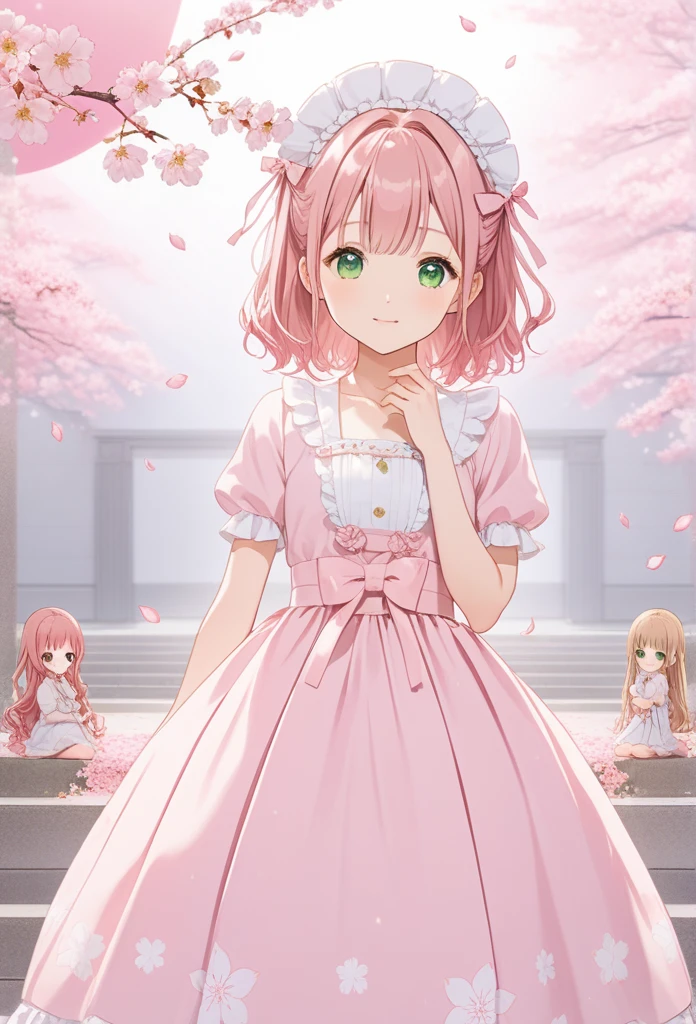 Pink-haired and green-eyed anime girl posing for a photo, Sakura Haruno,  best anime 4k konachan wallpaper,  Seductive Anime Girl , Marin Kitagawa Doujin Figure , Cherry blossom petals surround her ,  anime lolita style splash art, Anime style 4K,  Animated Cute Style ,  High quality anime art style ,  Detailed animated illustrations, Anime Wallpaper,  Best Anime Girl 