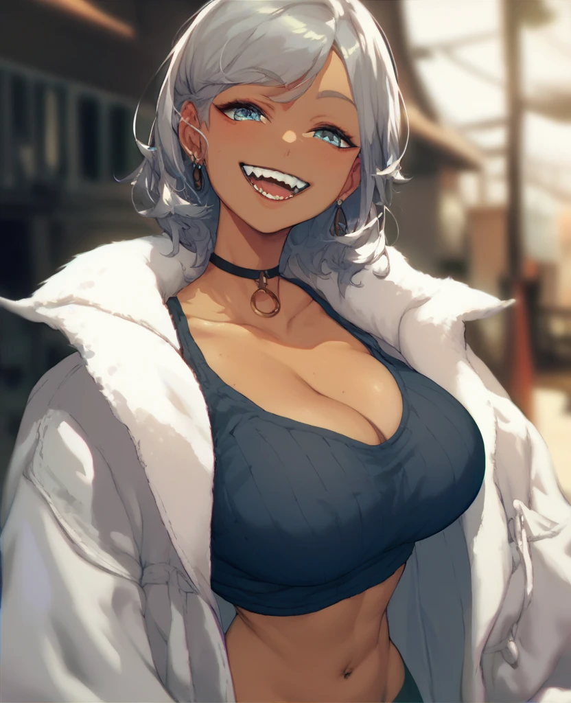  white coat、Knitted clothing、Big Breasts、Hunchback、Wolf Girl、 The coat is gray and black、 big mouth、tooth、 is tall、 slimming、Gray Hair、 tanned skin 、smile