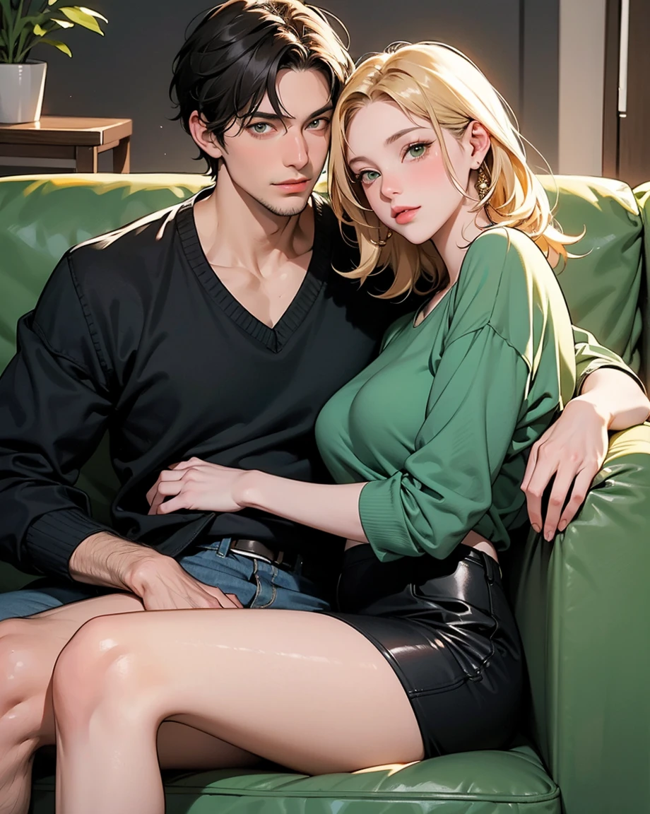 Create a cartoon, illustration of a couple having sex. The boy with black hair combed back, slender body, with a blonde woman with medium wavy hair, wearing a flowery dress. They are having sex in a room decorated with football stuff, he is on top of her, they are ((having sex))