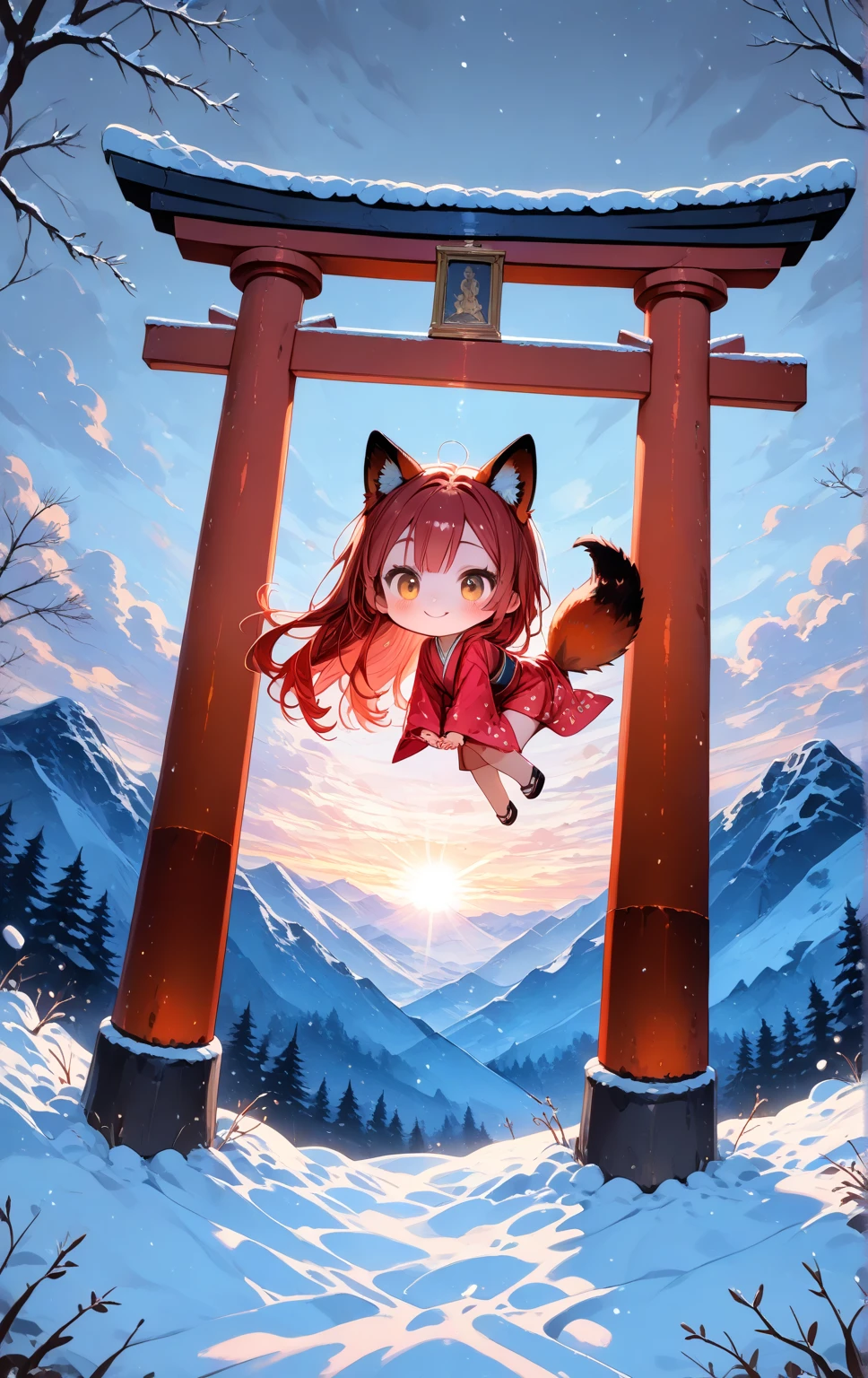 solo, 1girl\((chibi:1.3),small,cute,kawaii, (red fox ear),(red fox tail),red hair, (play around:1.5), cute, happy, smile, beautiful red kimono, from side, looking away,cute eye,big eye, cat-eye\), snowy Winter ,huge red gate torii, landscape, dramatic scene ,sunrise,(from above)