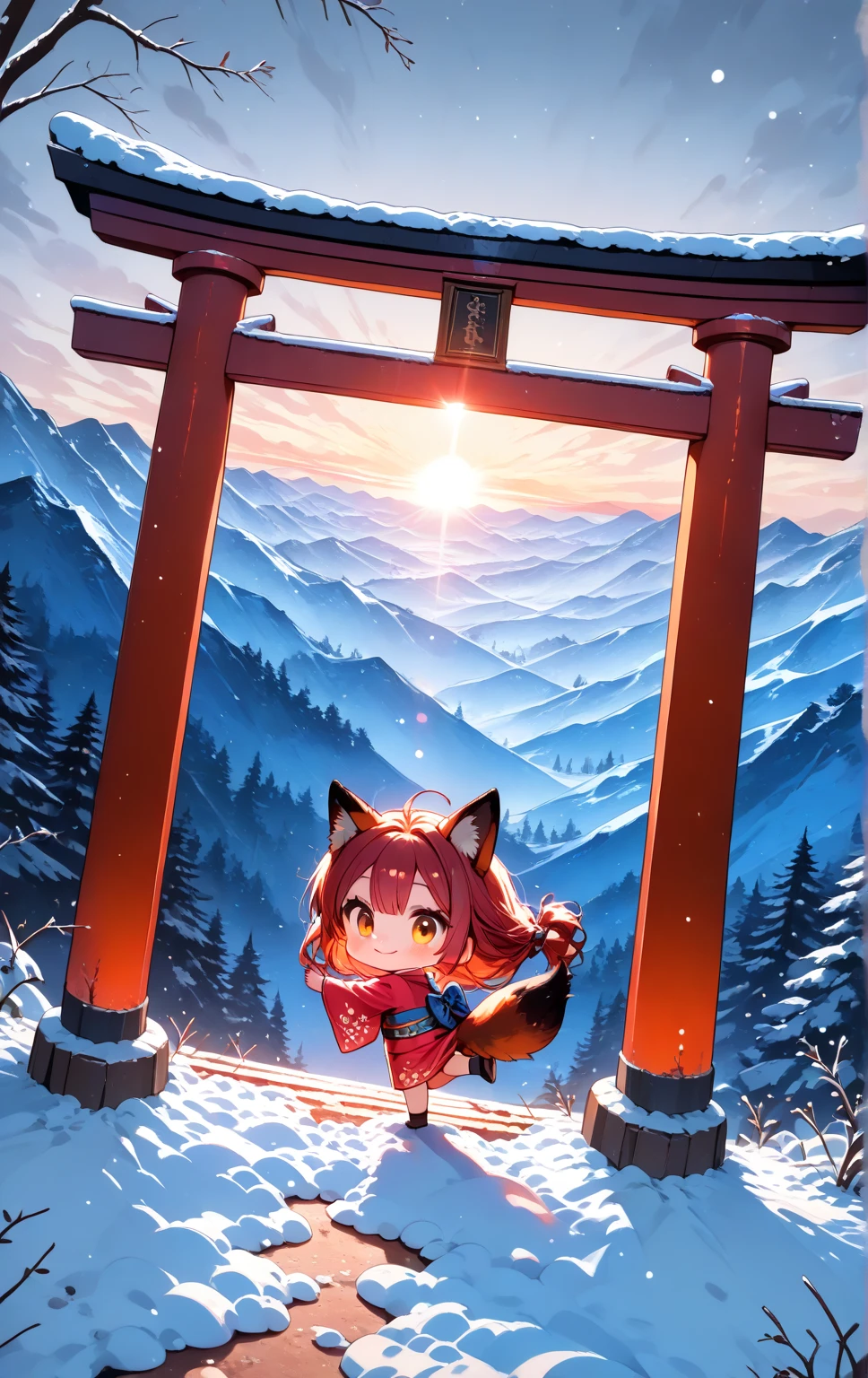 solo, 1girl\((chibi:1.3),small,cute,kawaii, (red fox ear),(red fox tail),red hair, (play around:1.5), cute, happy, smile, beautiful red kimono, from side, looking away,cute eye,big eye, cat-eye\), snowy Winter ,huge red gate torii, landscape, dramatic scene ,sunrise,(from above)