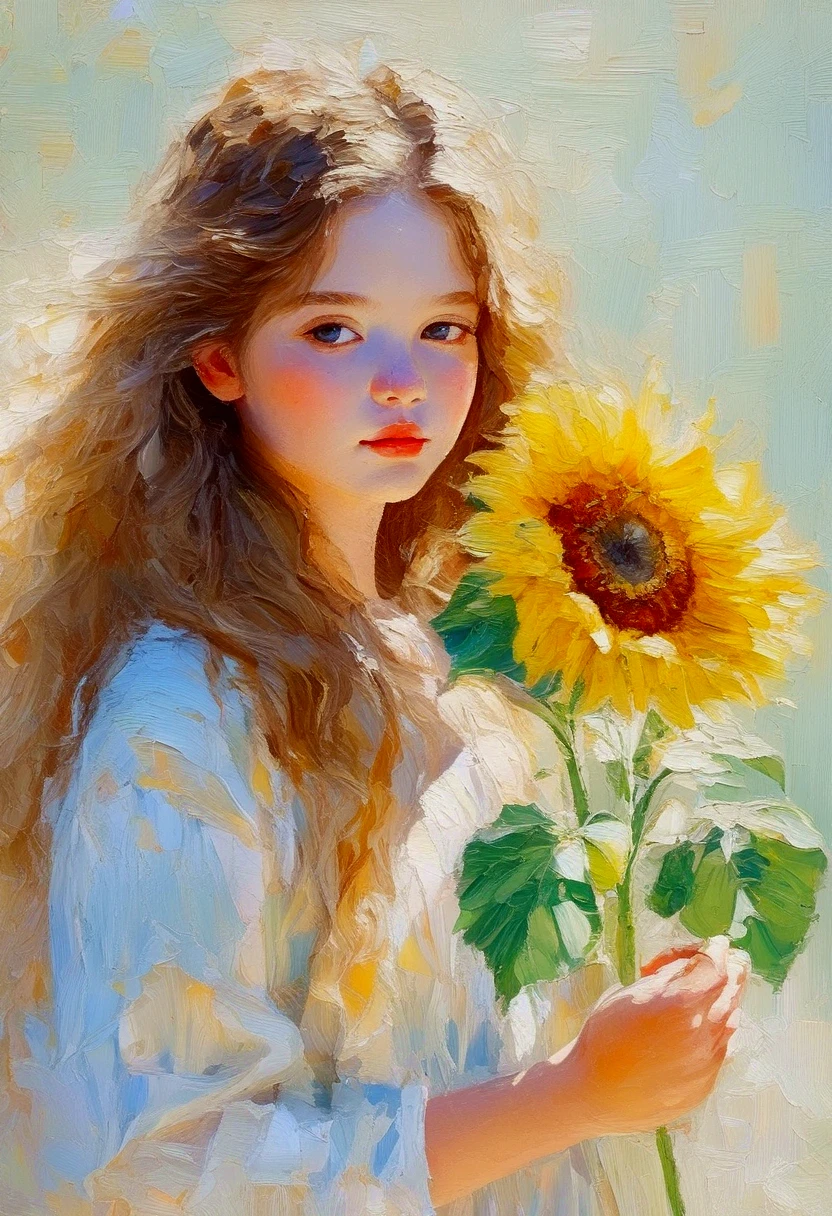 High saturation，Oil painting texture ，Light and Shadow， rough brushstrokes and textures：Beautiful girl portrait， long fluffy hair，Hold a sunflower flower in your hand