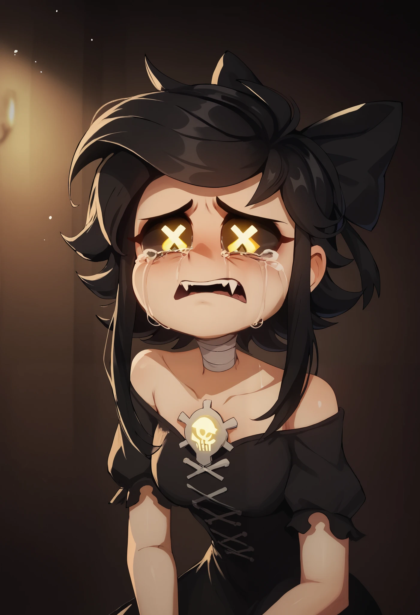 Score_9, score_8_up, score_7_up, score_6_up, score_5_up, score_4_up, Expressiveh, 1girl, Cyn, adult version, X pupils, yellow eyes, black hair, black dress, no nose, small fangs, sad, crying, dark room, сидит на кровати, обнимает себя, struggling depression