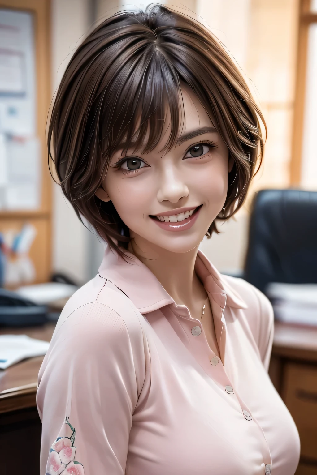 ((masterpiece )), (( Top Quality)), ((16k)), (( surreal)), (( realistic)), ( mature), (( No classes)), very detailed , ( 1 female ), Beautiful and exquisite, (Beautiful Teeth), grin, brunette pixie cut, brown eyes, ((pink shirt decorated with detailed patterns)), ( upper body), (( office)), perfect eyes, amazing eyes, look at the audience with your body facing the front