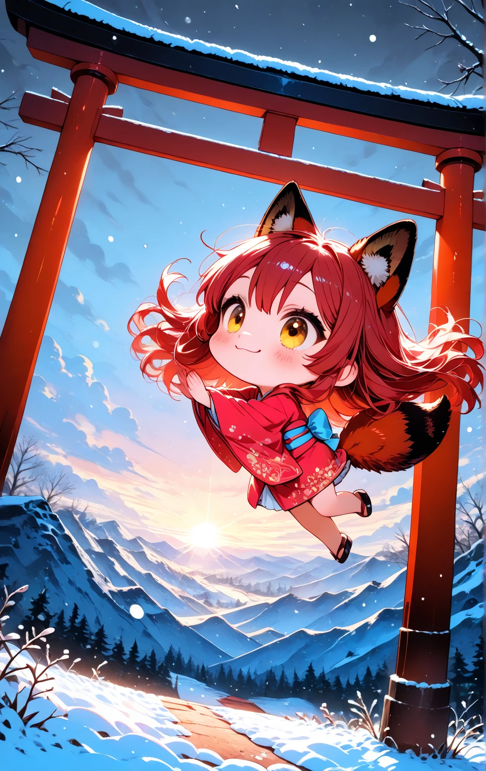 solo, 1girl\((chibi:1.3),small,cute,kawaii, (red fox ear),(red fox tail),red hair, (play around:1.5), cute, happy, smile, beautiful red kimono, from side, looking away,cute eye,big eye, cat-eye\), snowy Winter ,huge red gate torii, landscape, dramatic scene ,sunrise,(from above)