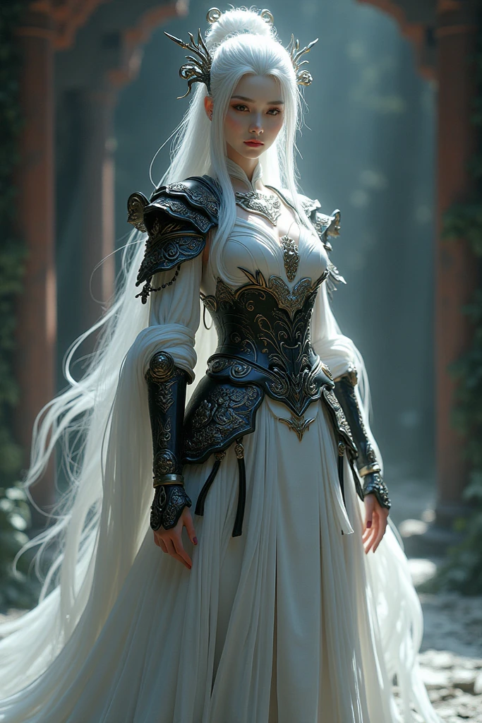 Bai suzhen with white dress face forward in black myth wukong game version armor