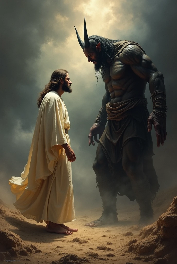 Jesus kicking on big muscular devil's face 