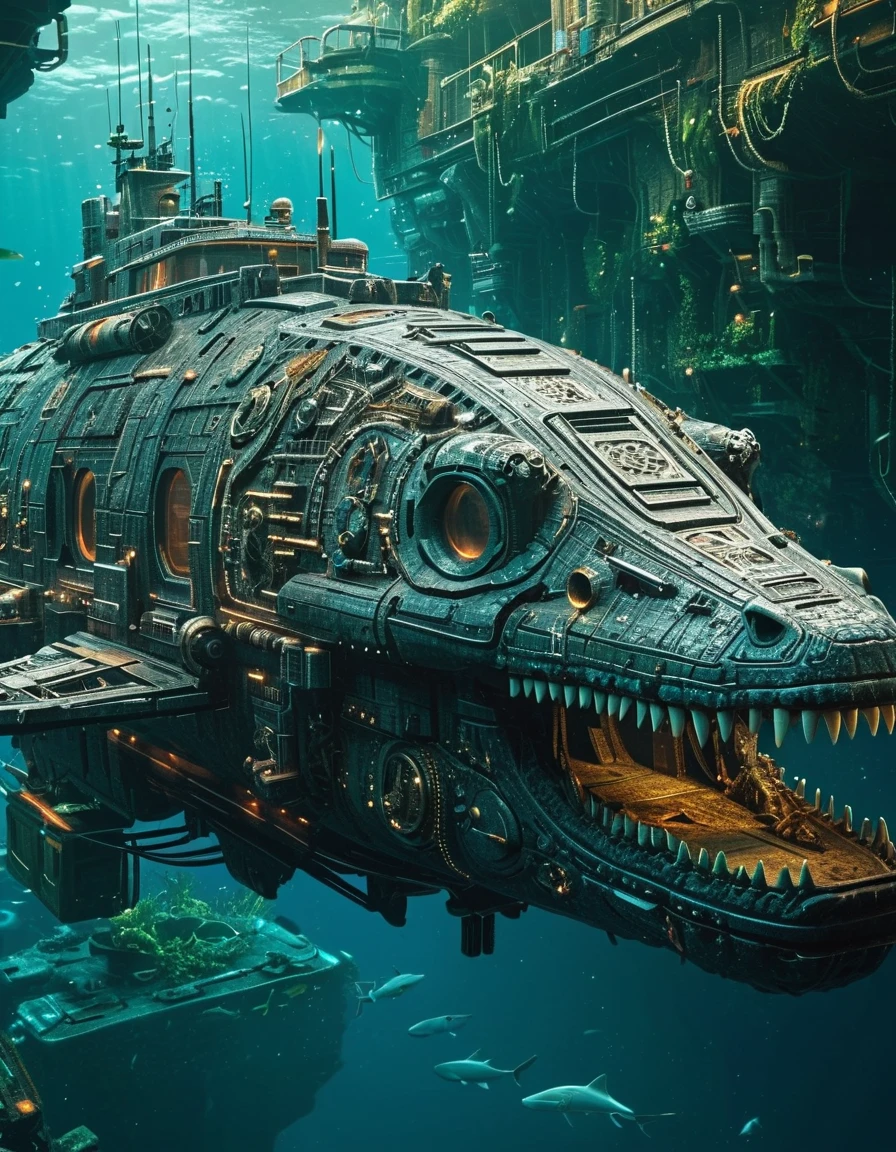 side view, futuristic cyberpunk style in 2447, crocodile Skull submarine with advanced high tech, deep underwater, perfect proportion, intricate design, ultra detailed, cinematic lighting, beautiful detailed intricate insanely detailed octane render trending on art-station, 8 k artistic photography, concept art, soft natural volumetric cinematic perfect light