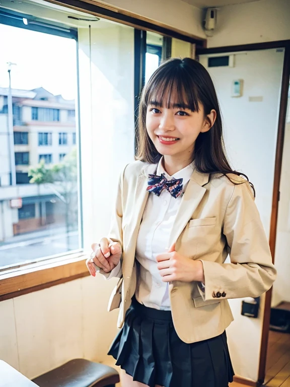 nsfw,mini skirt,school uniform,blazer,panty shot,lift up skirt,(:1.5),standing,cute face,from front,looking at viewer,indoor,in the classroom,high quality,photorealistic,masterpiece,highly detailed,japanese