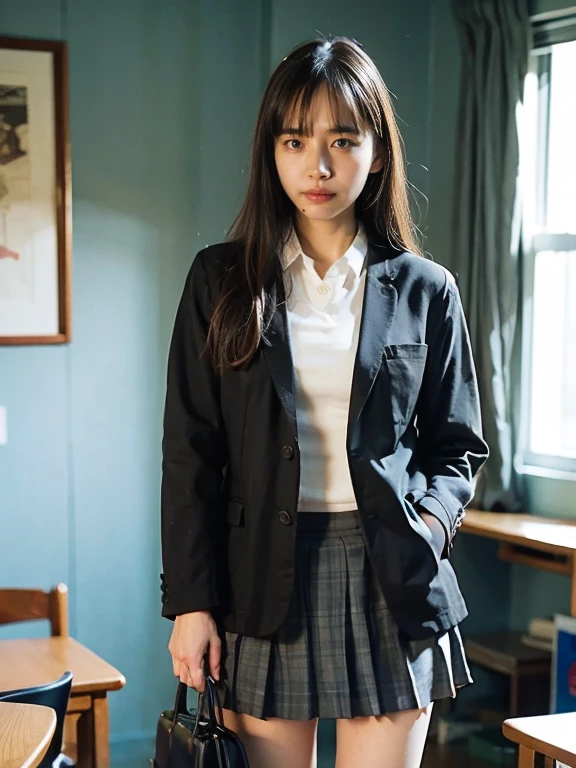 nsfw,mini skirt,school uniform,blazer,panty shot,lift up skirt,(:1.5),standing,cute face,from front,looking at viewer,indoor,in the classroom,high quality,photorealistic,masterpiece,highly detailed,japanese