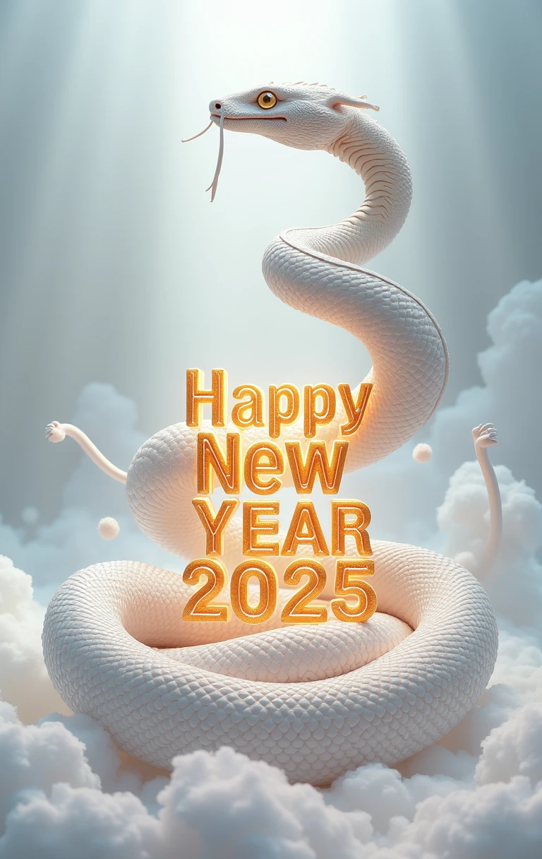 A large white lucky snake rising, displaying "A HAPPY NEW YEAR 2025!!"