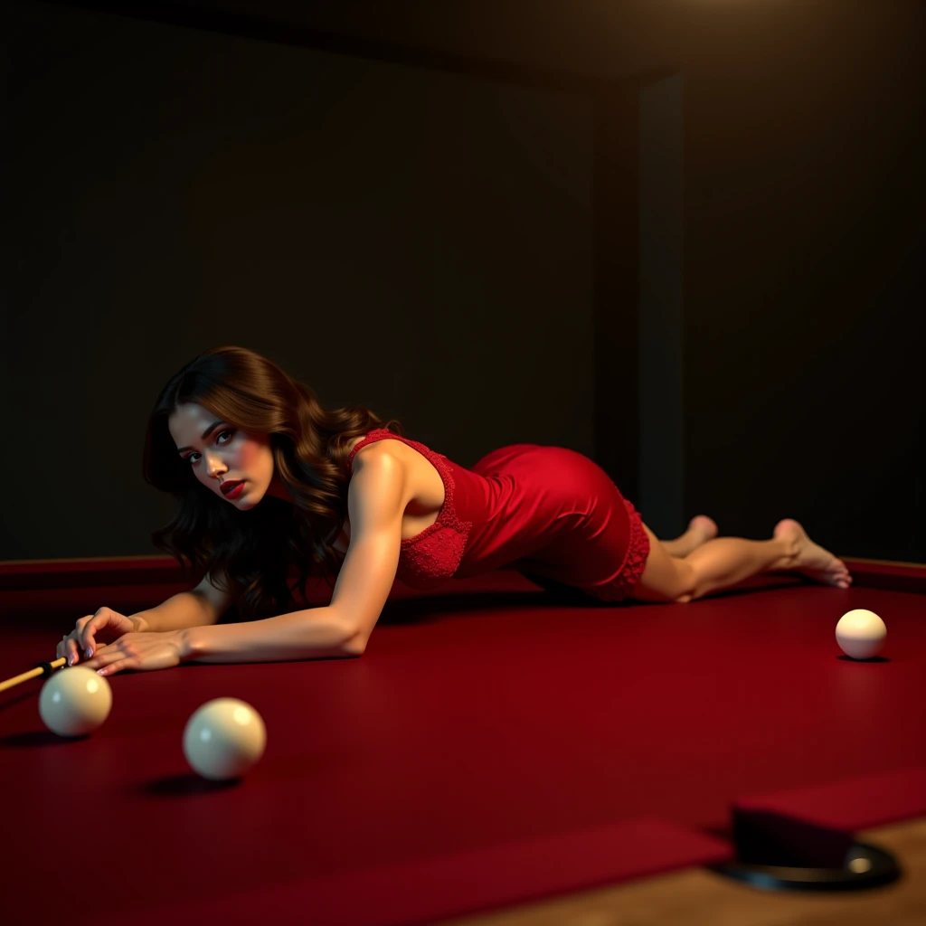 a woman playing pool, detailed body, sensual body, defined face, green eyes, long hair, makeup, red lips, long elegant dress, toned legs, high shoes, red shoes. Billiard club background, using a pool stick aiming at a ball. dynamic, elegant pose, graceful pose. like playing bokeh. vivid colors. vibrant colors. 8k. masterpiece.