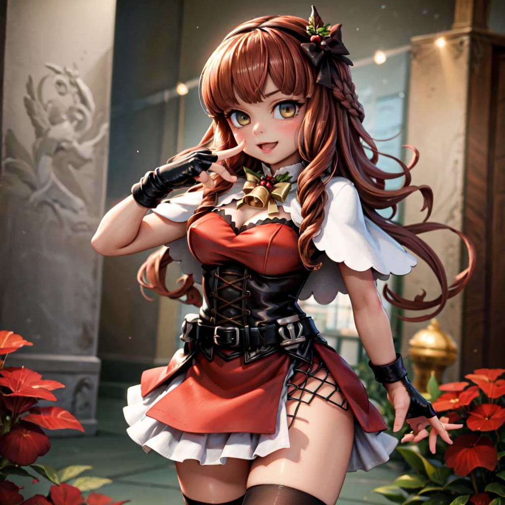 (masterpiece, best quality:1.2), solo, 1girl, deruyterxmasKC,long hair,skirt, thighhighs, gloves, dress, belt, fingerless gloves, bell, capelet, red dress,